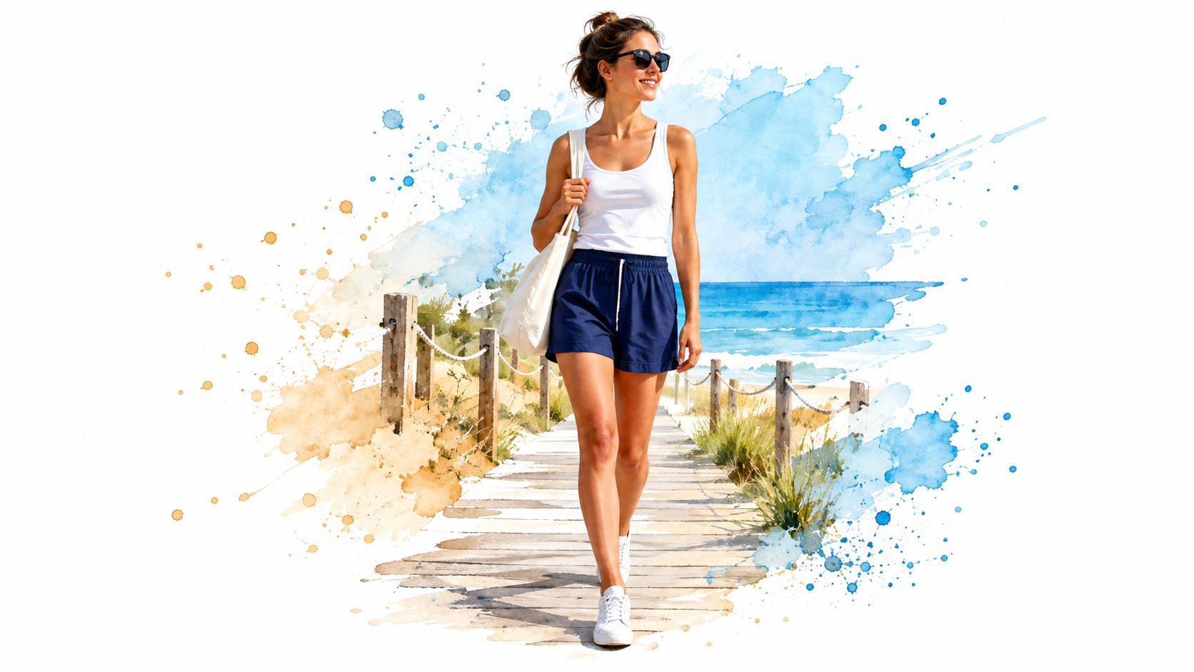 A woman wearing a white tank top and navy cotton shorts walks along a wooden beach boardwalk.
