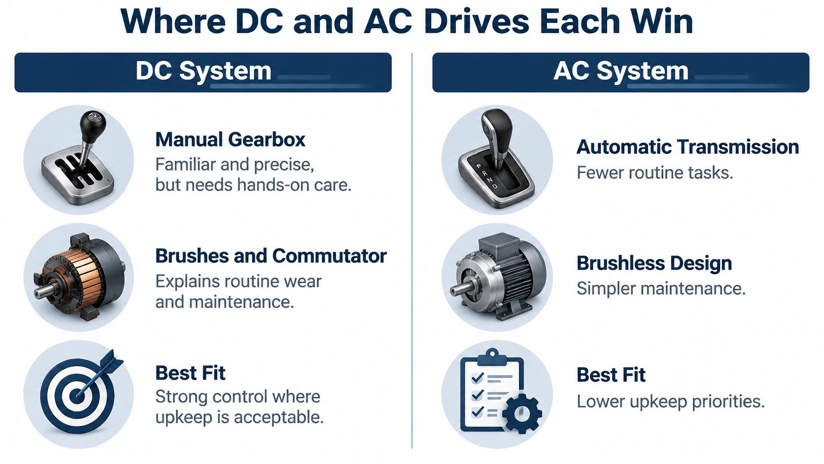 A comparison chart showing the differences between DC systems and AC systems in motor drive applications.