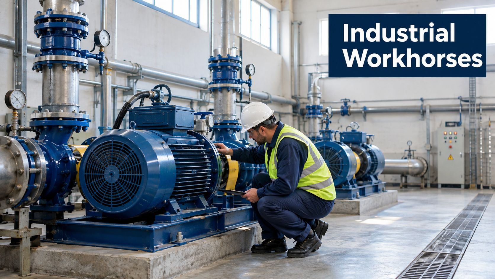 A technician wearing a white hard hat and yellow vest inspecting an industrial electric pump and motor.