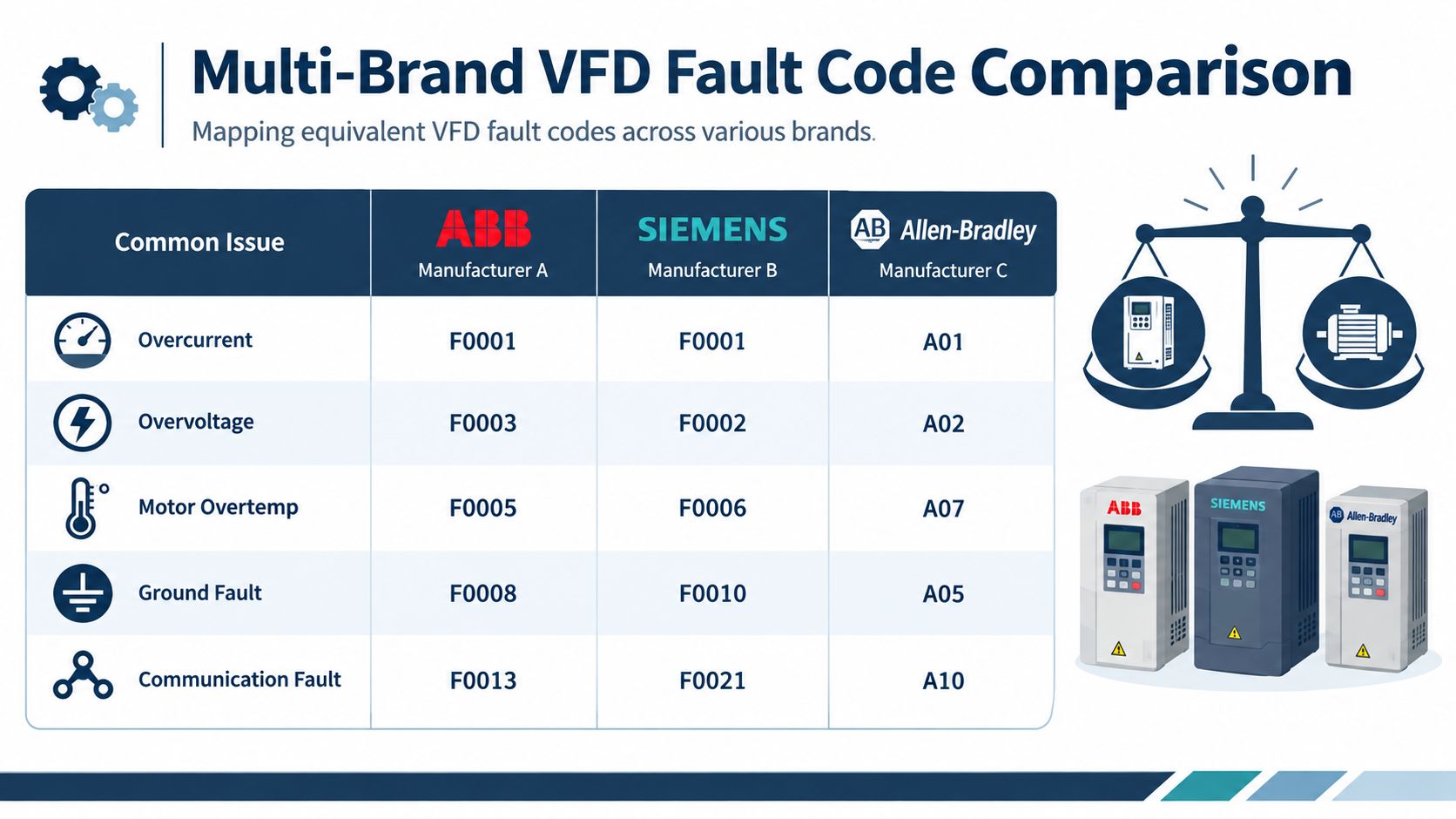 A table comparing equivalent VFD fault codes for ABB, Siemens, and Allen-Bradley industrial motor drive brands.