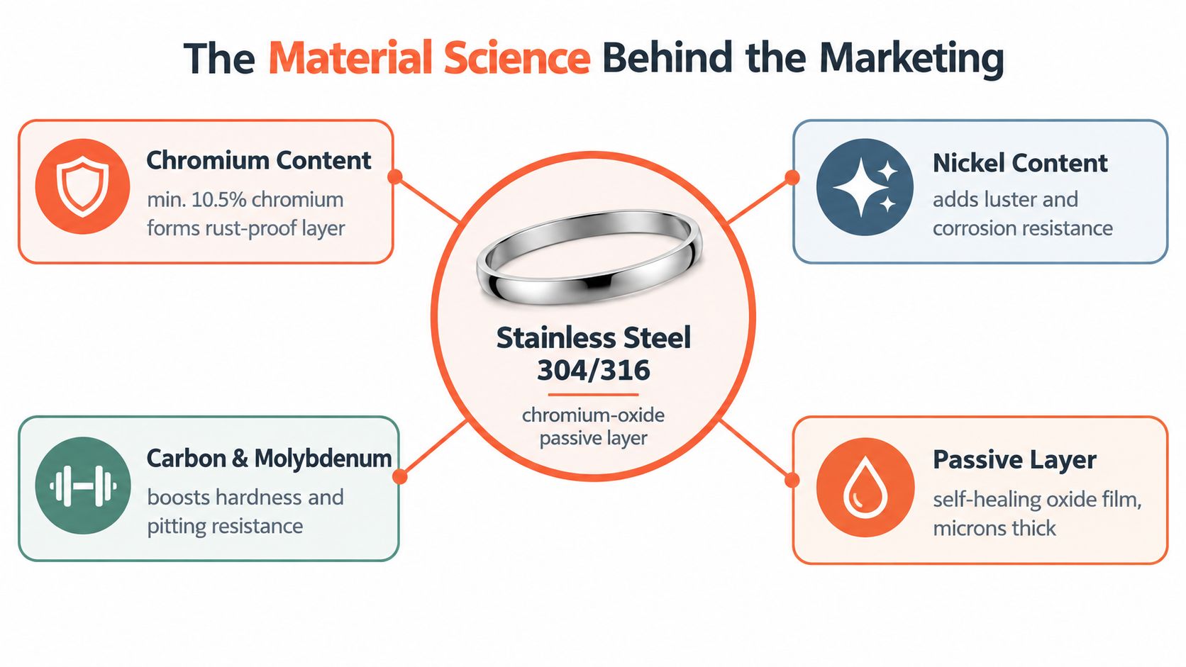 An infographic showing the material science components of stainless steel 304 and 316 jewelry rings.