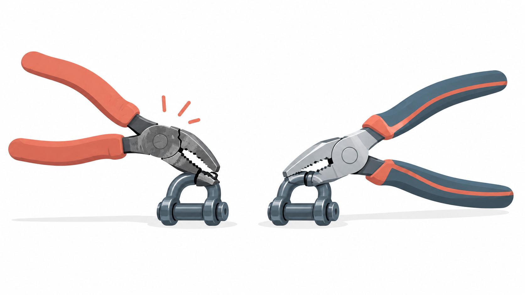 A conceptual illustration comparing a broken pair of red pliers with a sturdy pair of grey pliers.