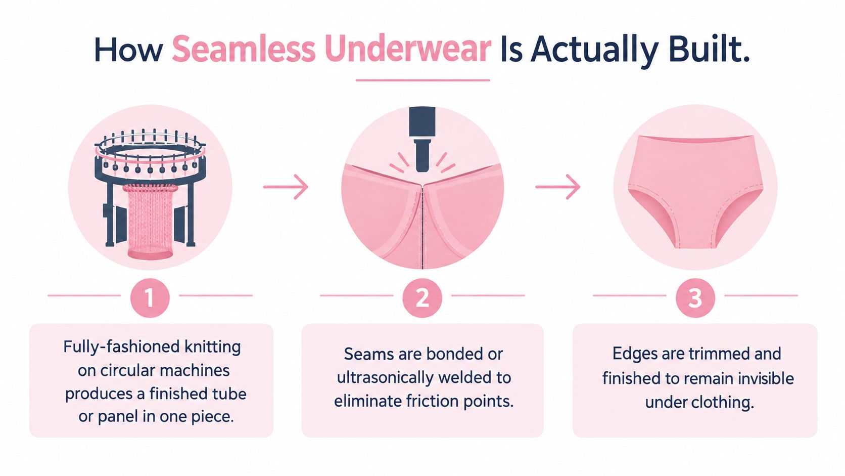 A three-step infographic illustrating the manufacturing process of seamless underwear for women using circular knitting technology.