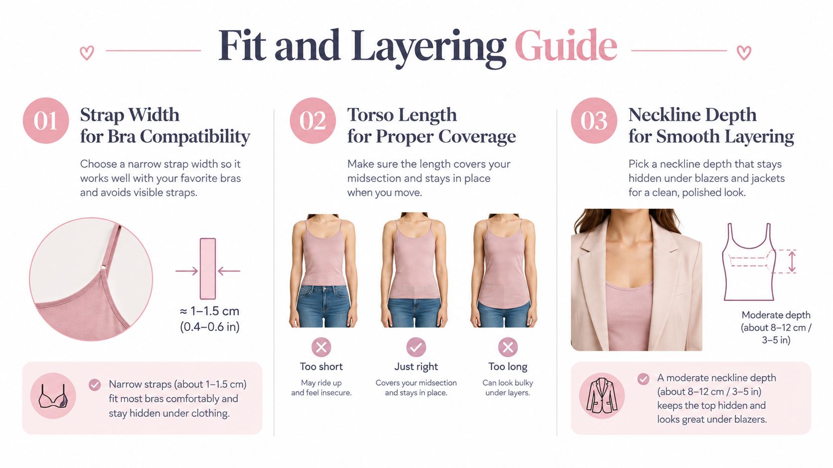 A fit and layering guide for selecting the right cotton camisole featuring tips on strap width, torso length, and neckline depth.