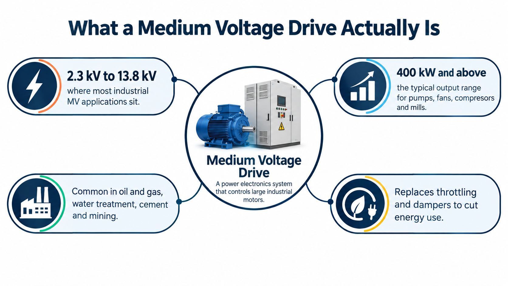 An infographic defining medium voltage drives and their applications in industrial settings with key performance specifications.