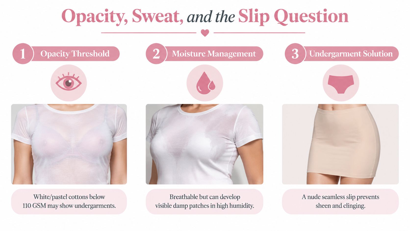 A diagram illustrating opacity, moisture, and slip solutions for wearing thin white cotton clothing or sundresses.