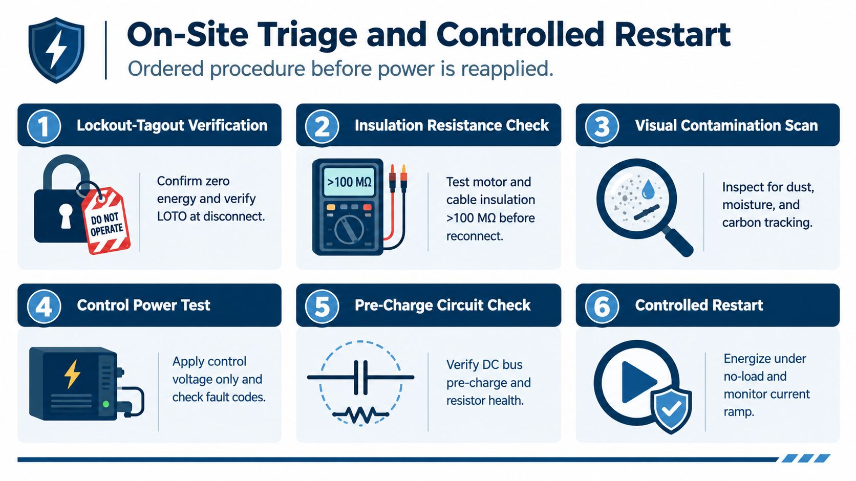 A six-step infographic detailing the safety procedures for performing an on-site triage and controlled restart of electrical equipment.