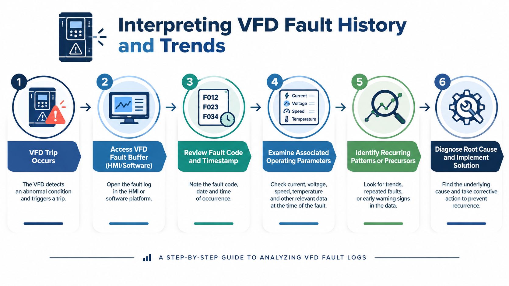 A step-by-step infographic illustrating how to analyze VFD fault history and trends in industrial systems.