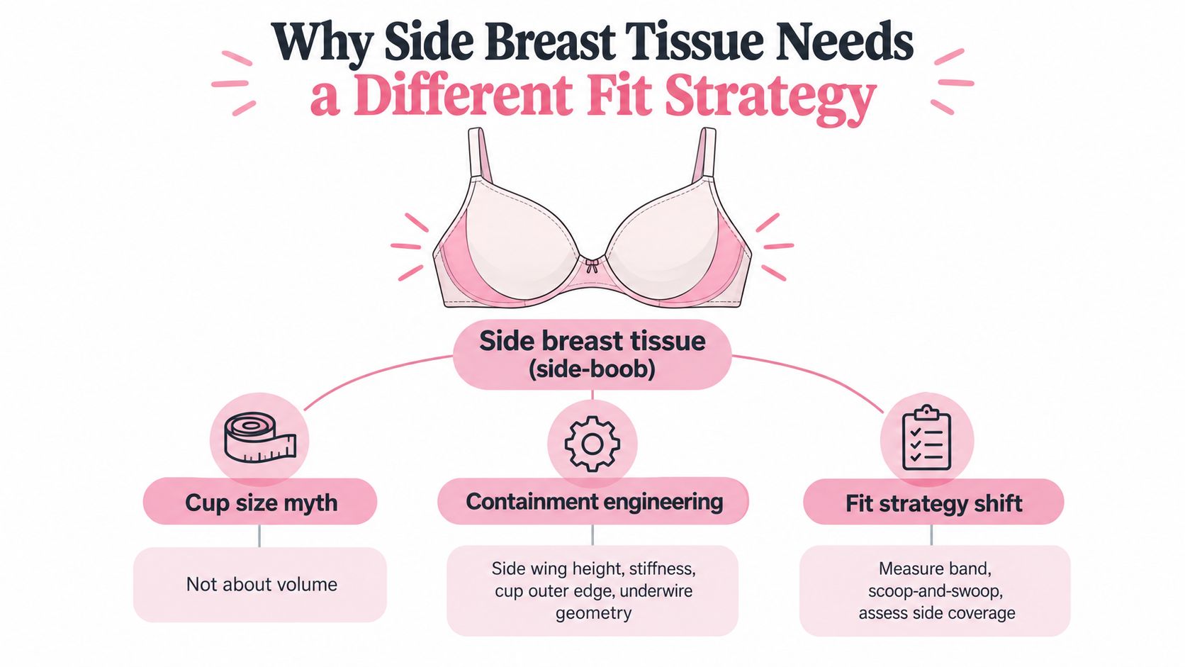 An infographic explaining that side breast tissue requires a specific bra fit strategy beyond just volume.
