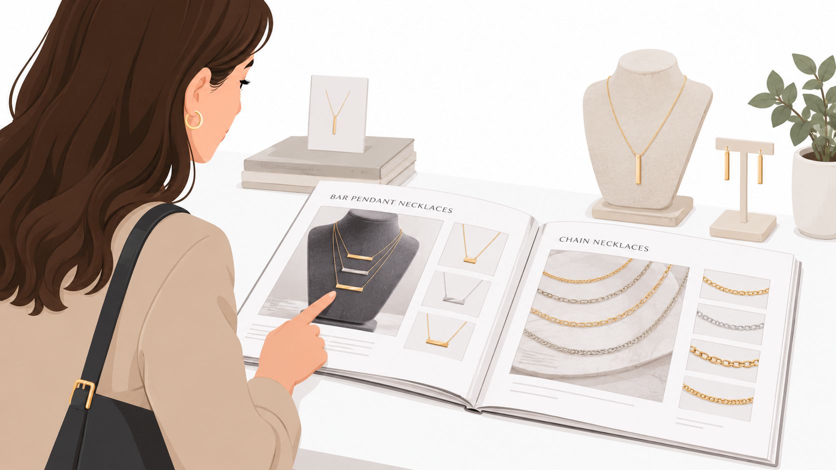 A woman looks at a catalog showcasing gold and silver bar pendant necklaces and various chain jewelry.