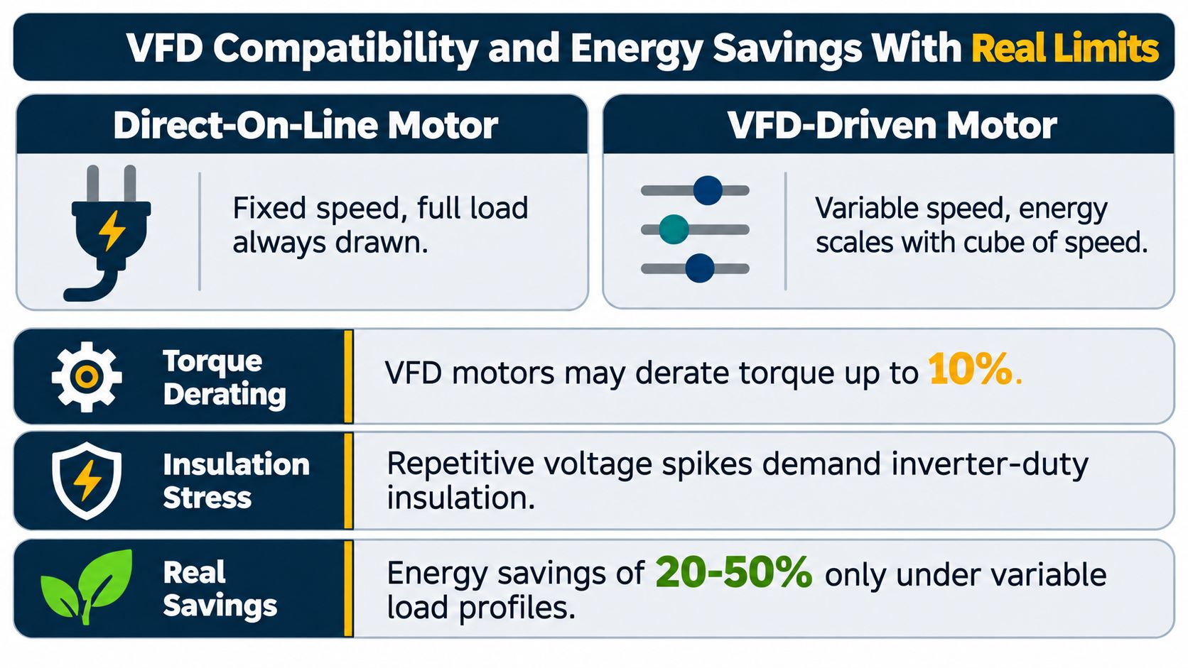A comparison chart showing benefits and limitations of using Direct-On-Line motors versus VFD-driven motors for industrial applications.