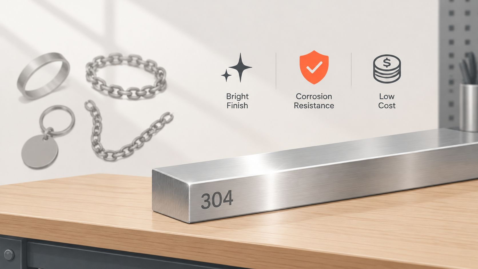 A rectangular block of 304 stainless steel sits on a wooden desk with jewelry items in the background.