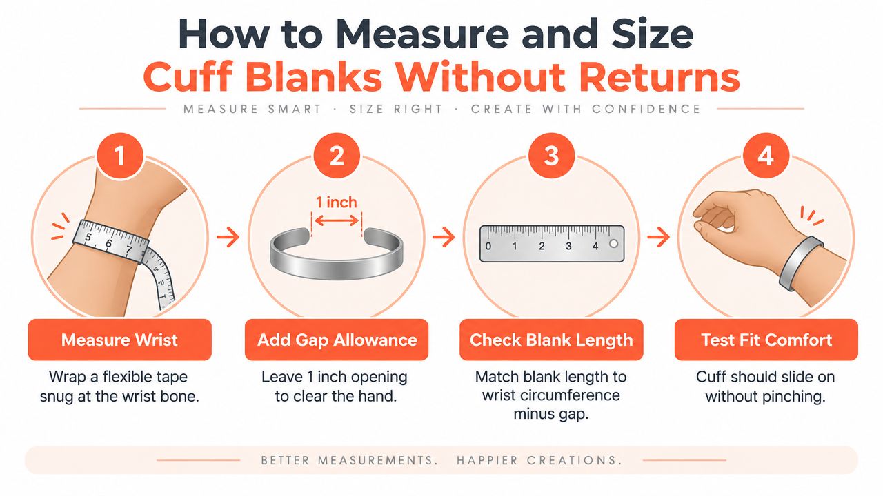 A four-step infographic illustrating how to properly measure and size a cuff bracelet blank.
