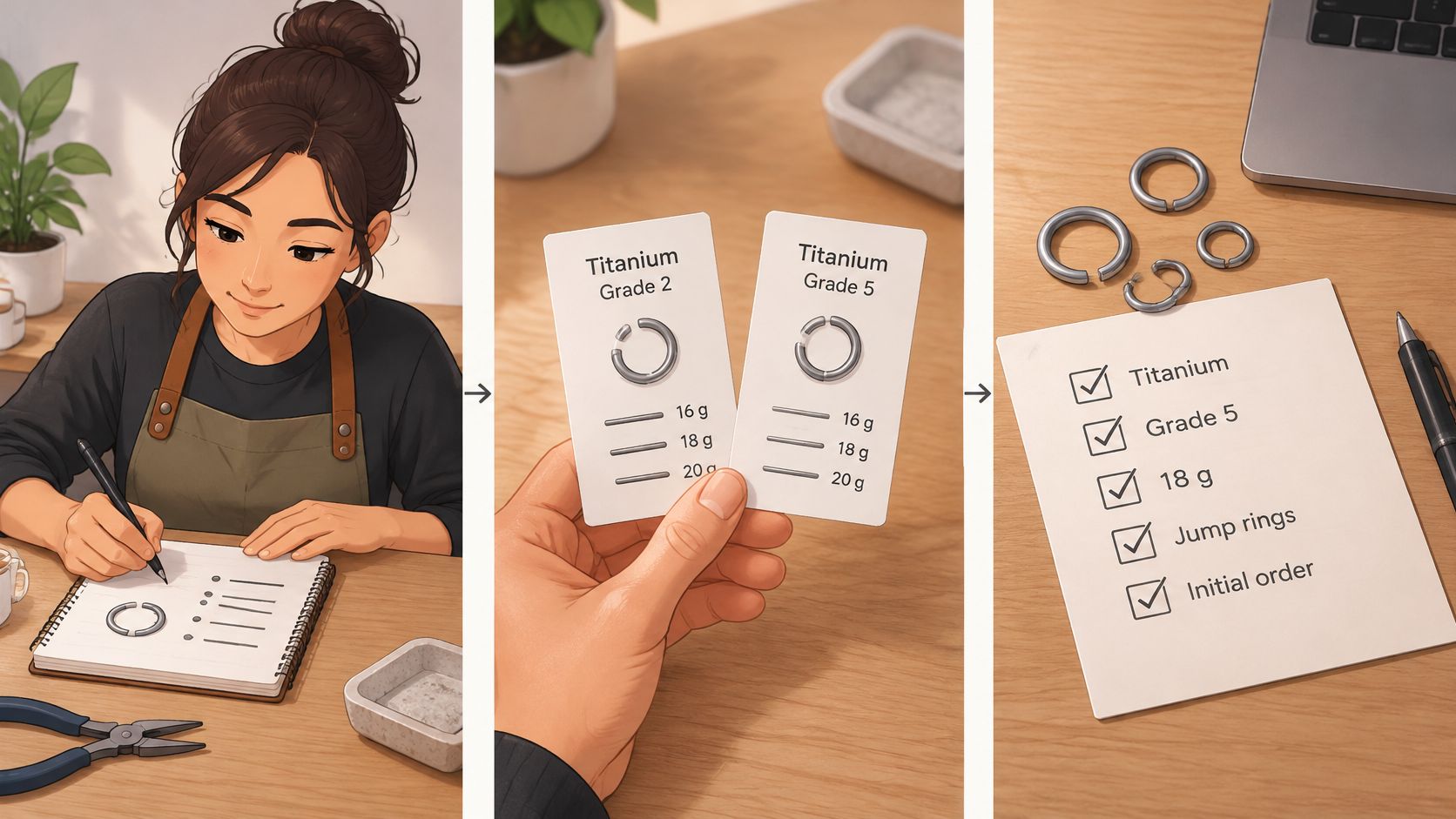 A process illustration showing an artisan selecting titanium jump rings and verifying the material specifications on a list.