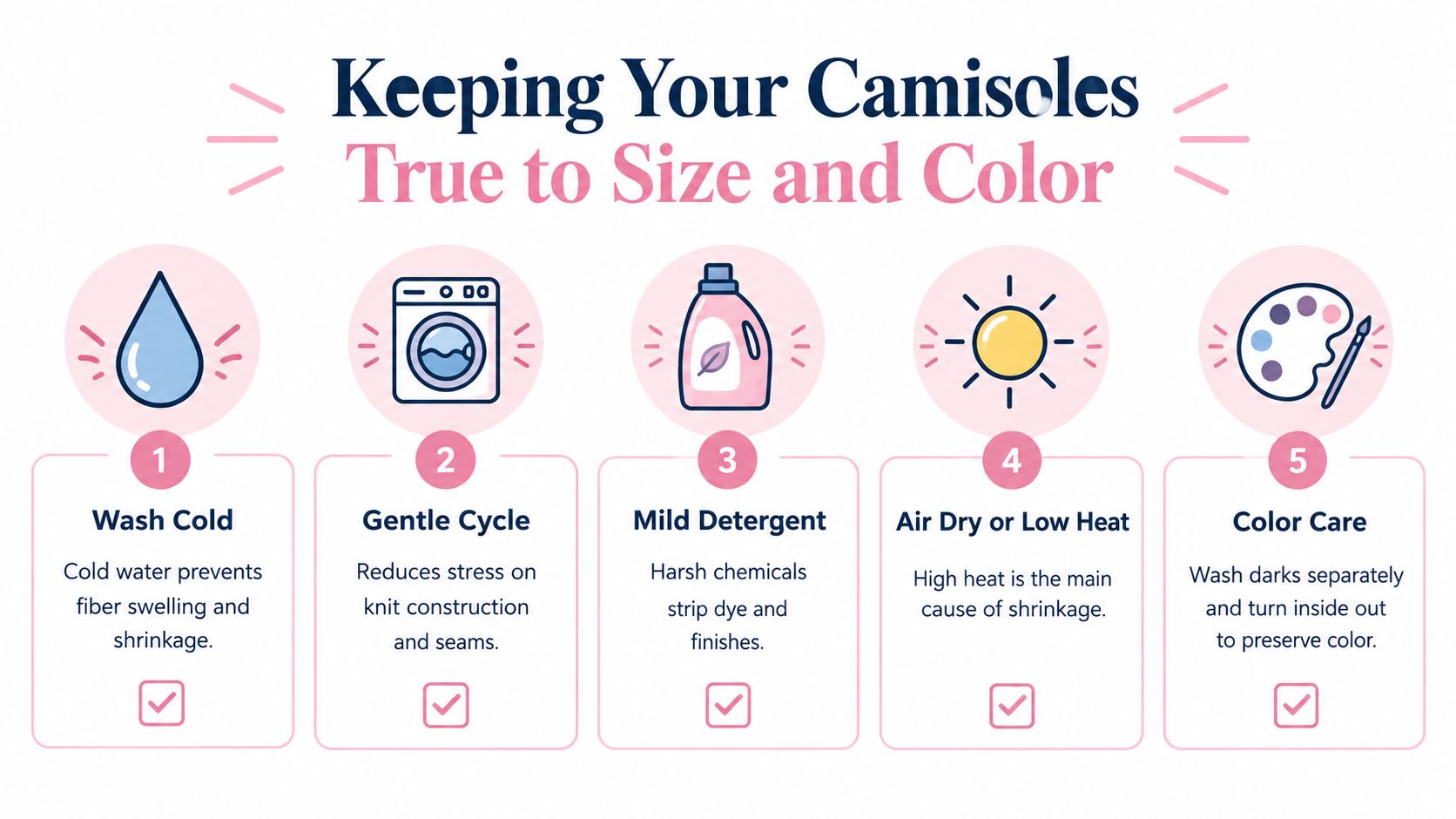 An infographic showing five tips for washing camisoles to maintain size and color quality.