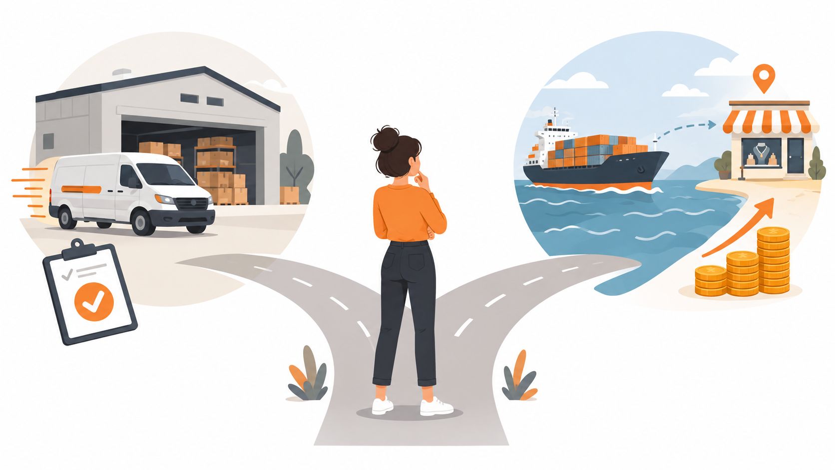 A woman deciding between local warehouse delivery and international shipping for her sterling silver jewelry business.