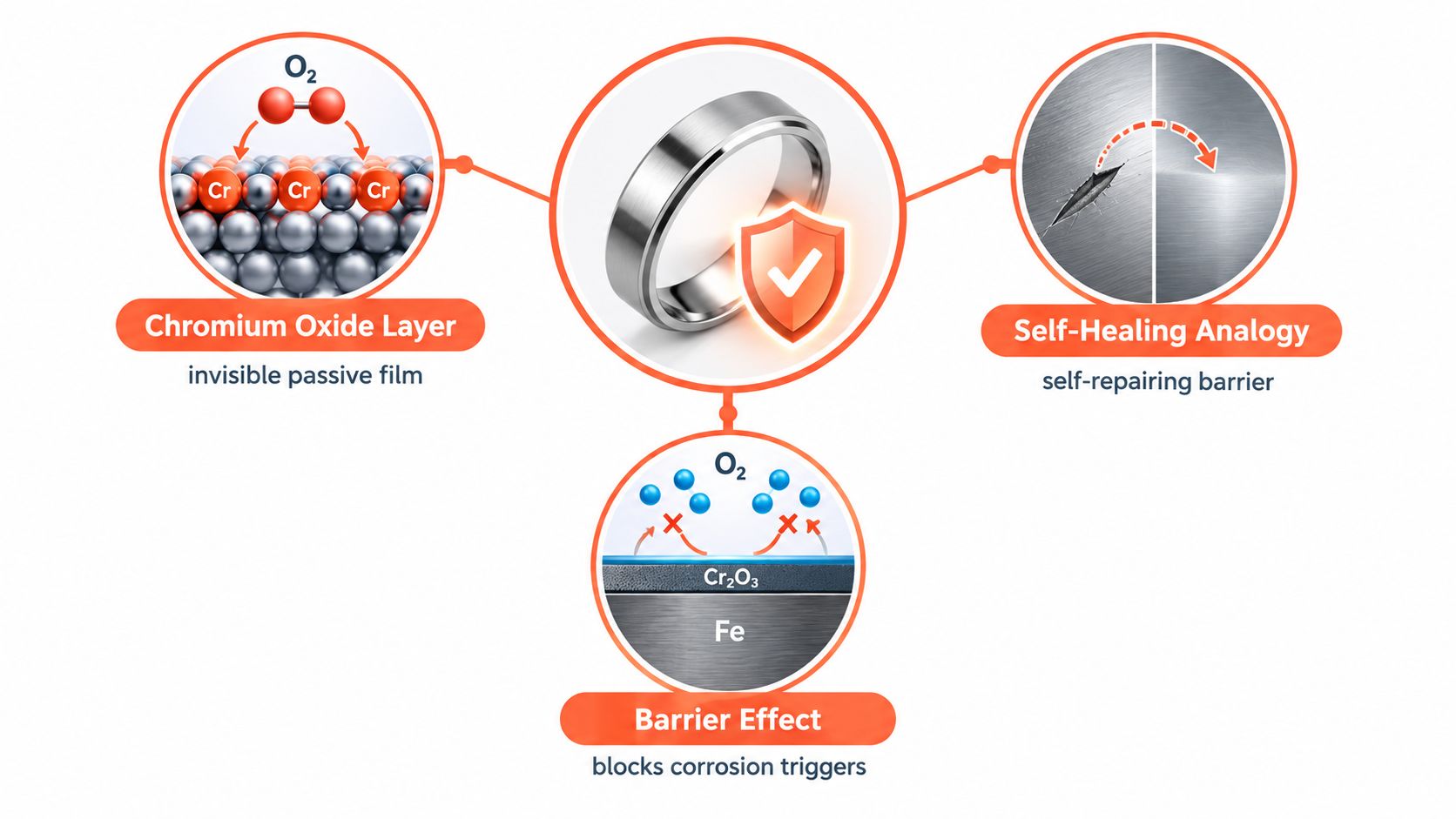 A diagram illustrating how stainless steel jewelry resists corrosion through a protective self-healing chromium oxide layer.