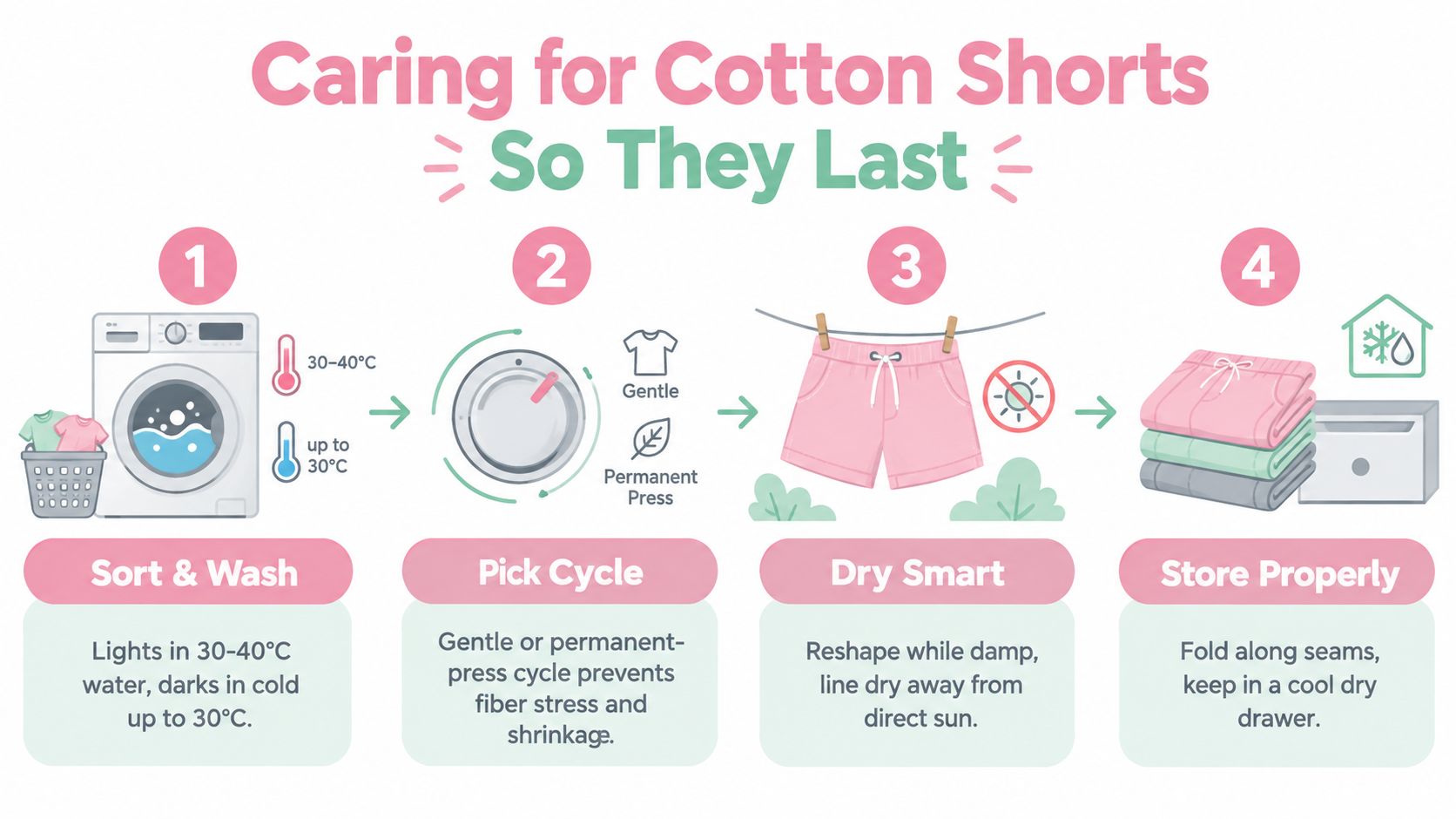An infographic showing four simple steps to properly wash, dry, and store cotton shorts for longevity.