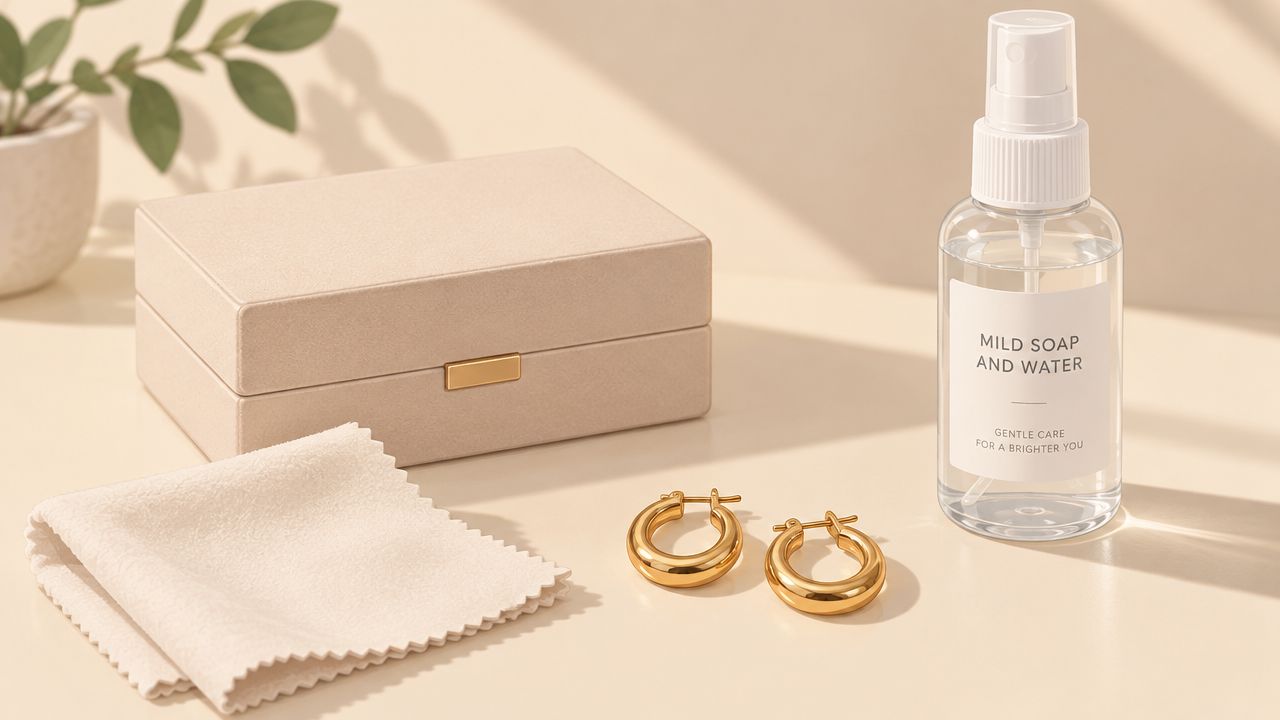 A beige jewelry box with gold earrings, a polishing cloth, and a soap spray bottle on display.