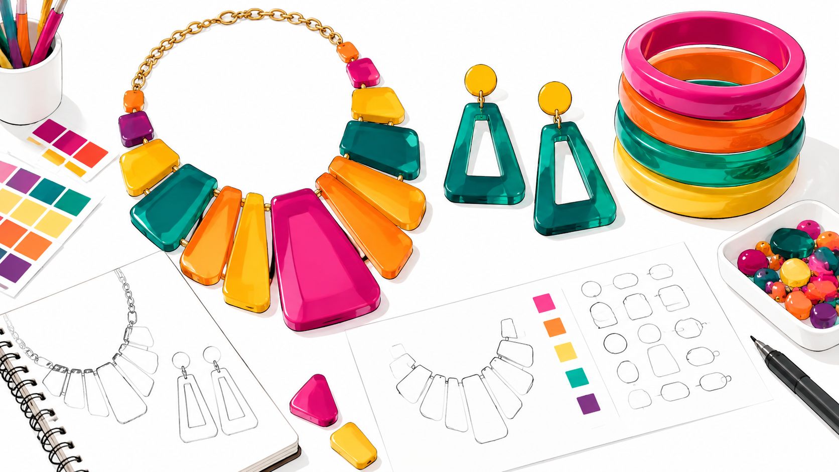 Colorful acrylic necklace, earrings, and bangles displayed with sketches and jewelry making supplies on a desk.