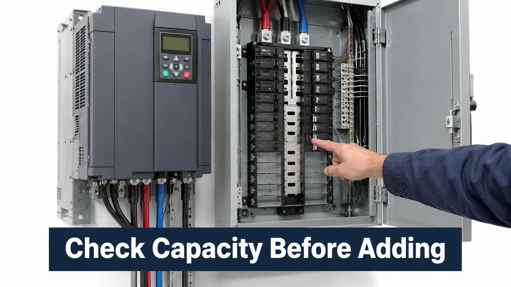 A technician points to a circuit breaker inside an open electrical load center for inspection.