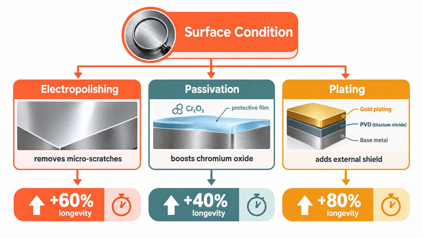 A diagram illustrating three surface condition processes for stainless steel jewelry: electropolishing, passivation, and plating with longevity improvements.