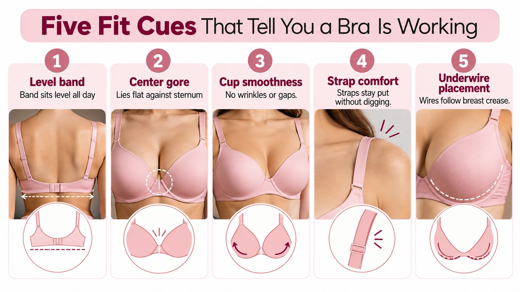 An infographic showing five key fit cues to determine if a bra is working correctly on a person.
