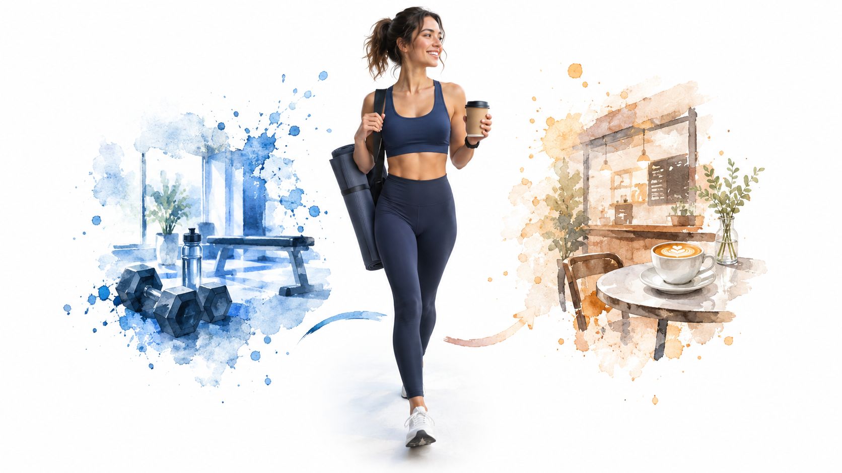 A fit woman in a navy sports bra walking between watercolor illustrations of a gym and coffee shop.