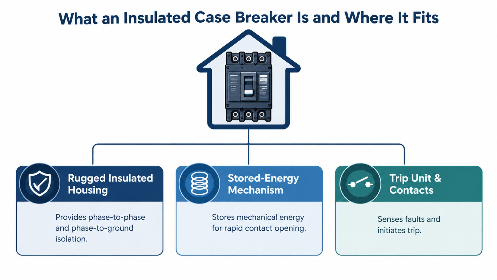 An infographic showing the three main components of an insulated case circuit breaker inside a home.