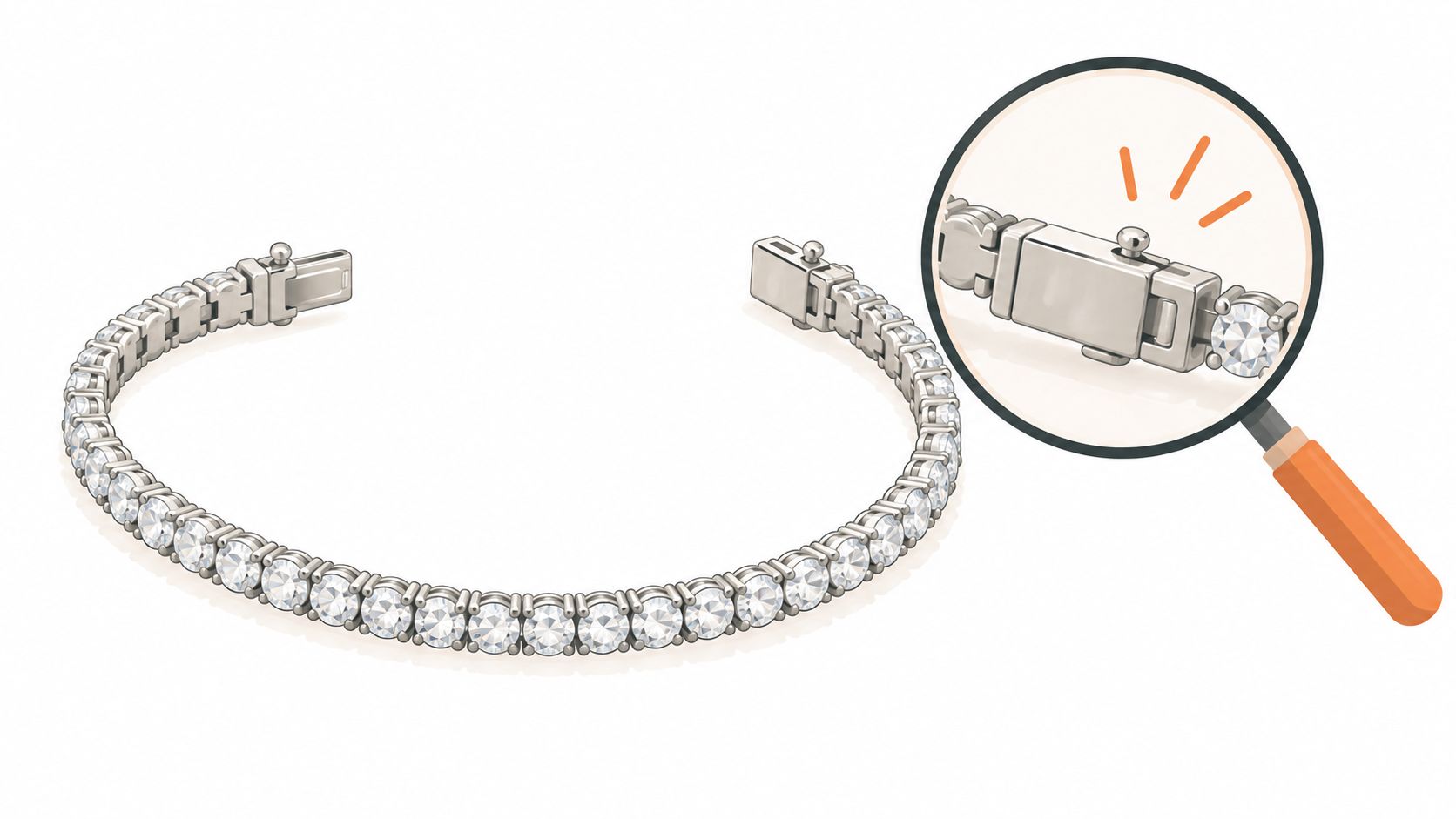 A silver tennis bracelet featuring sparkling round cut diamonds and a secure box clasp mechanism.
