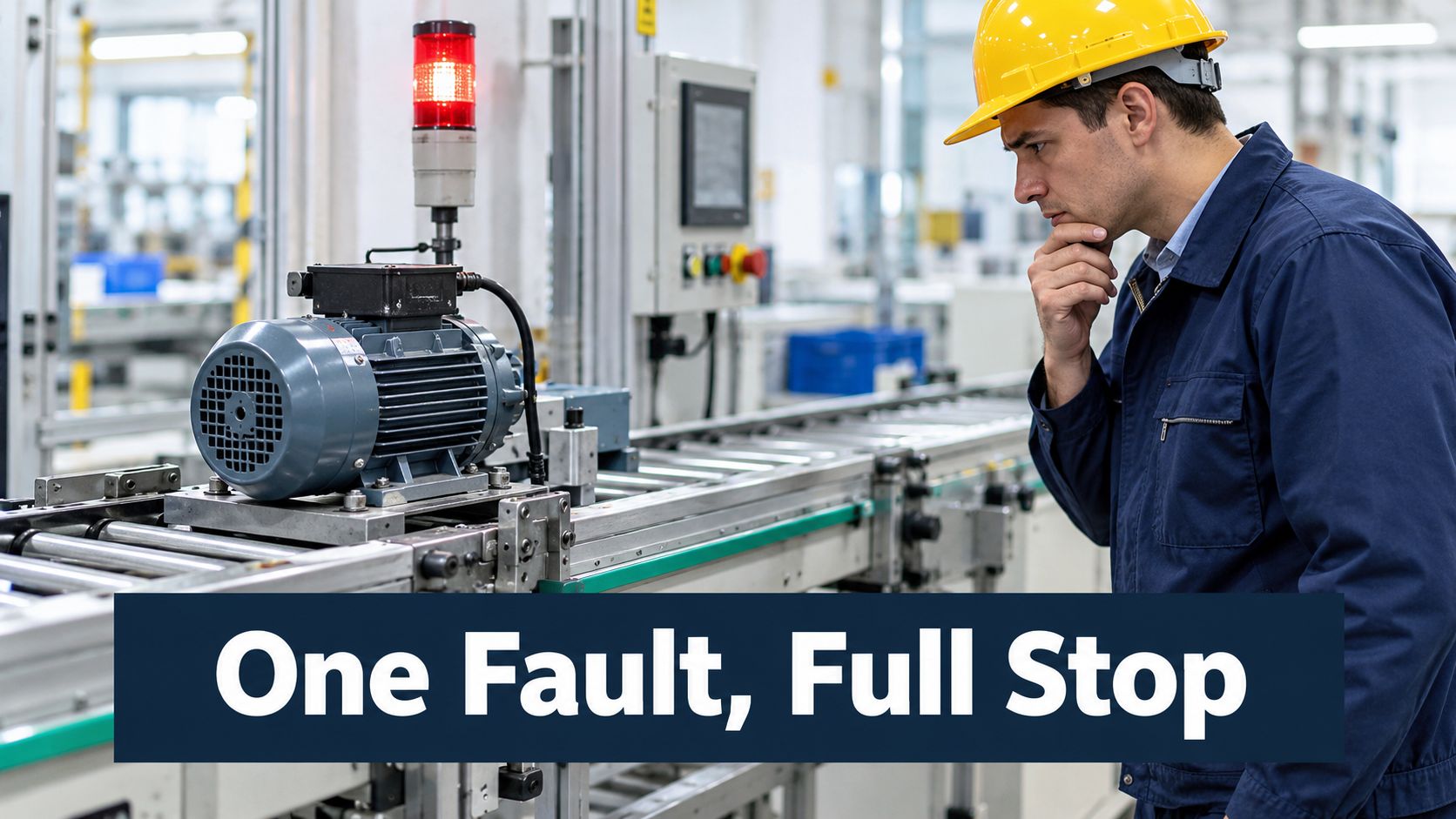 A technician wearing a hard hat inspects a low voltage motor on an industrial conveyor assembly line.