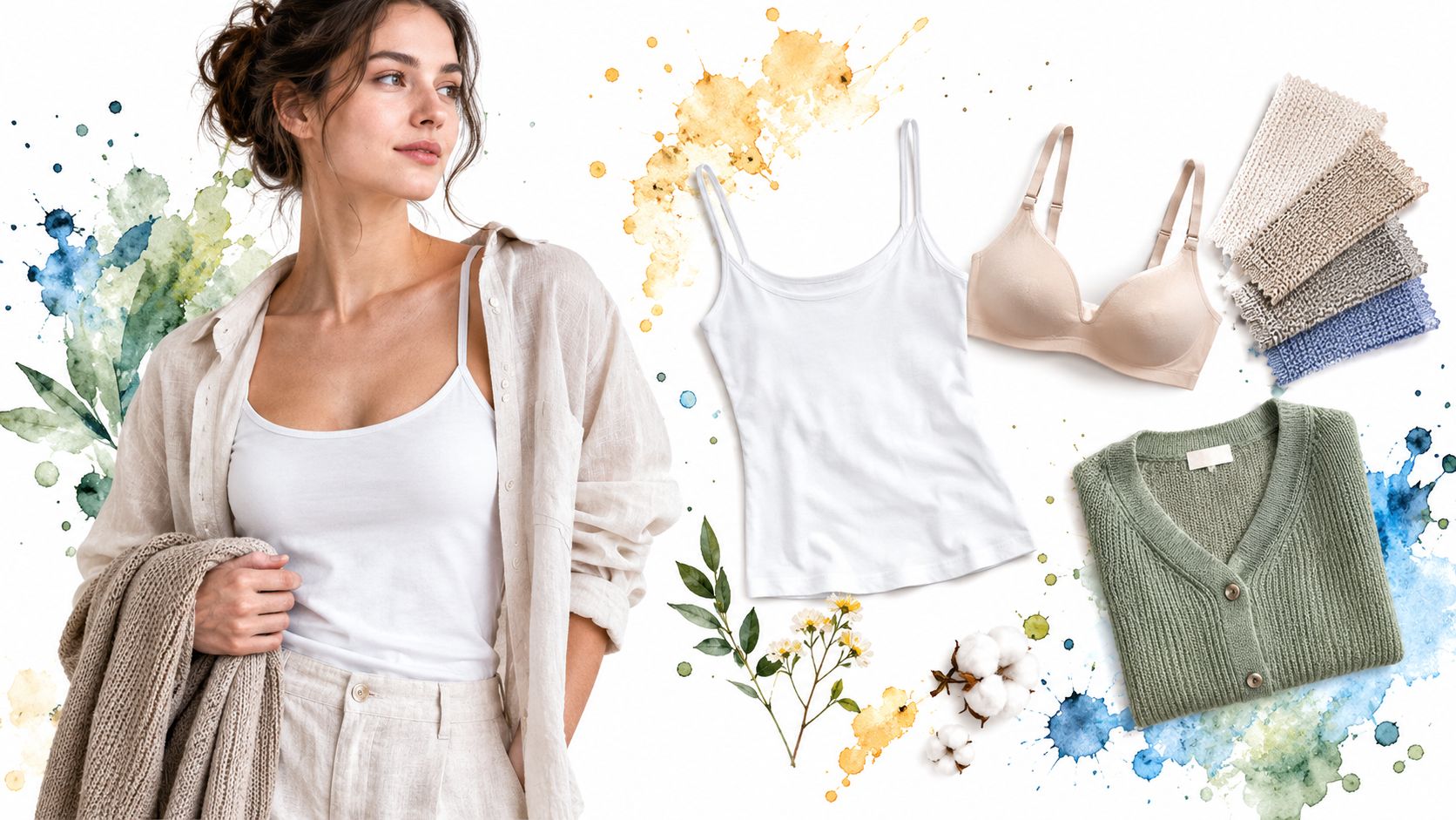 A woman wearing a beige linen outfit next to a camisole, bra, cardigan, and fabric swatches.