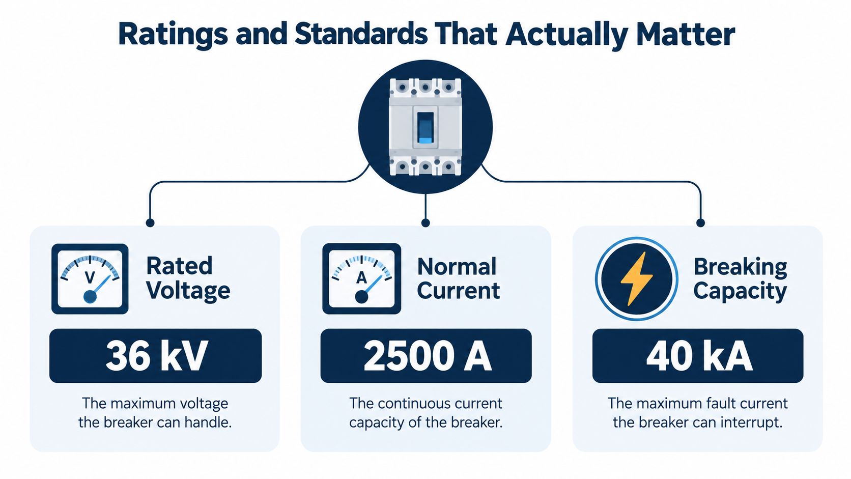 An infographic illustrating three key electrical ratings for a circuit breaker: Rated Voltage, Normal Current, and Breaking Capacity.