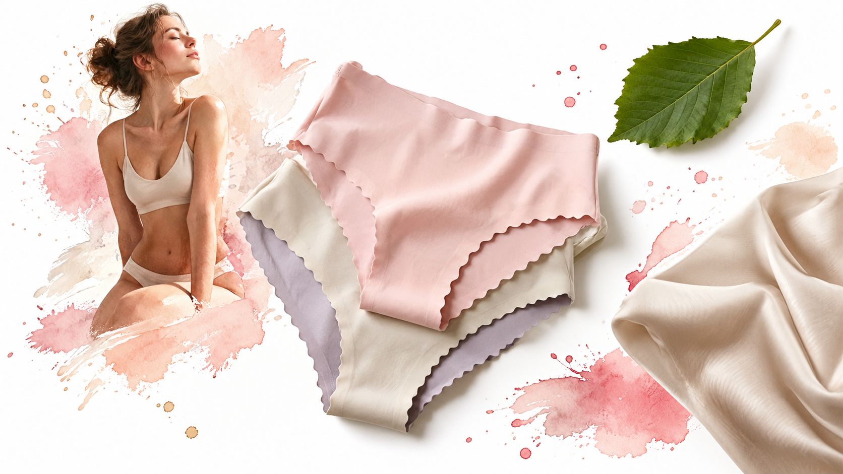 A woman posing near a stack of soft modal underwear and a green leaf on white background.