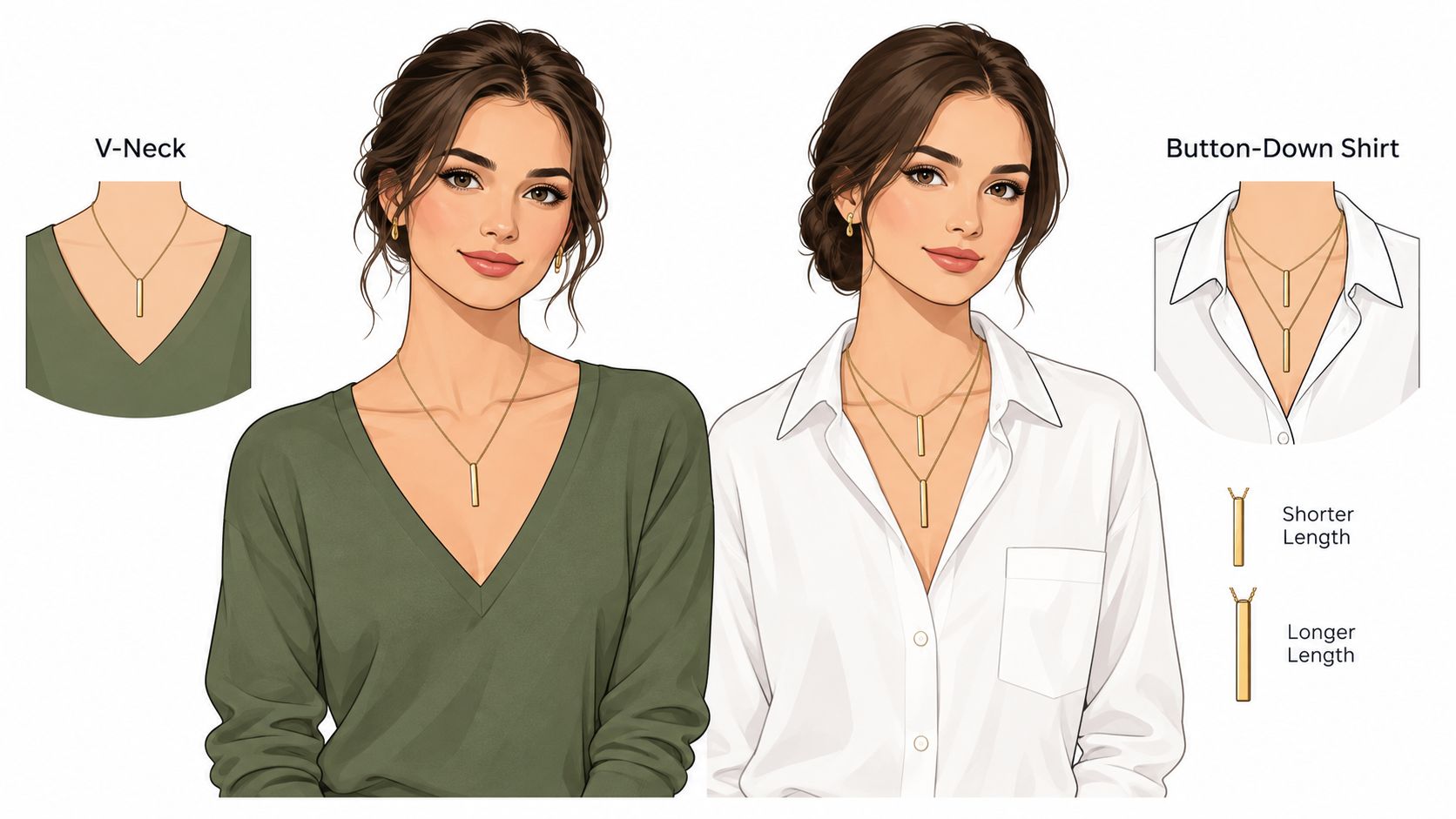 An illustration showing how to style a gold bar pendant necklace with v-neck and button-down shirts.