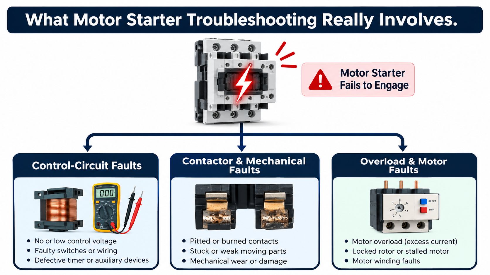 An infographic showing common causes of motor starter failure, including control-circuit, mechanical, and overload electrical faults.