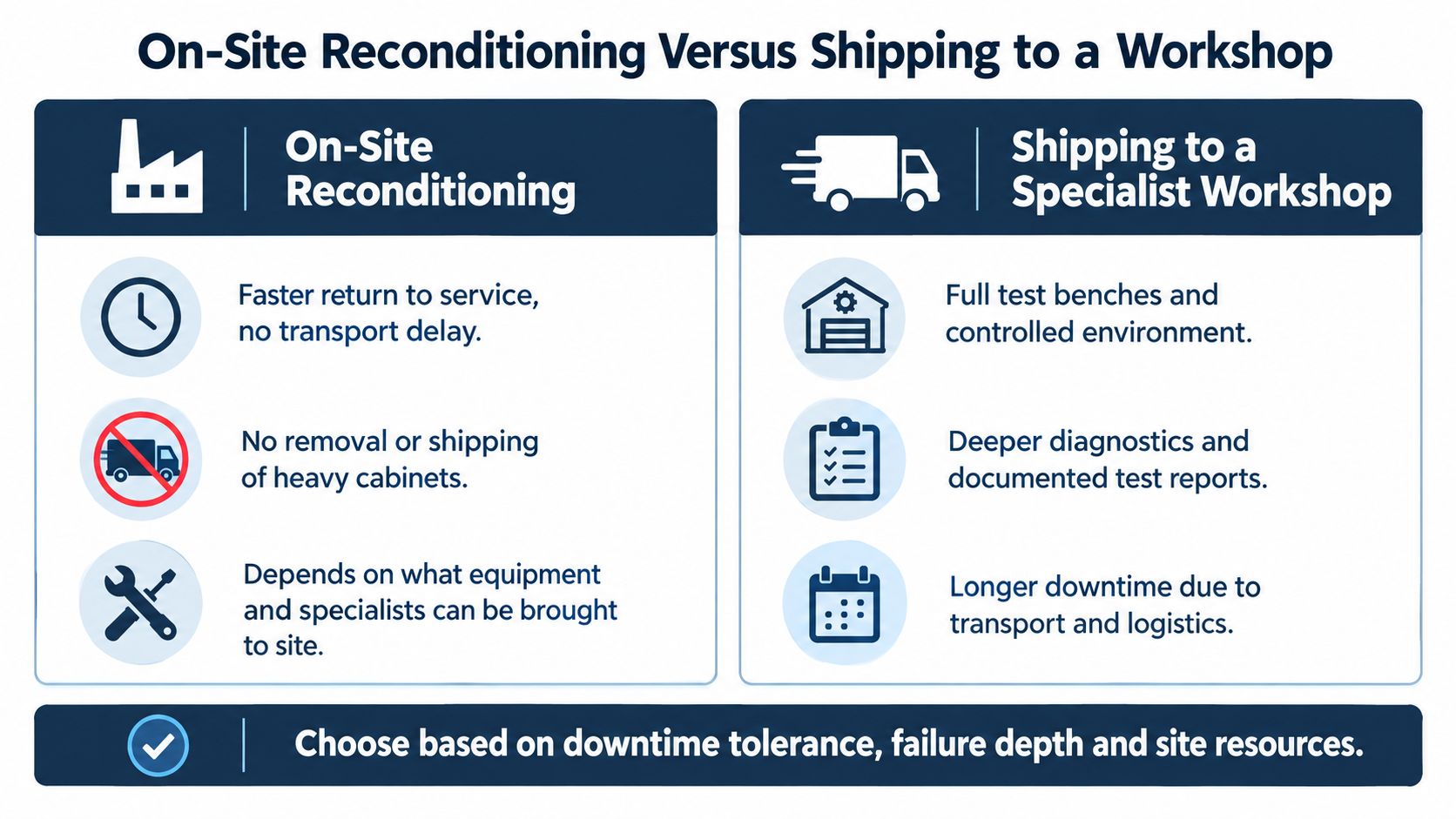 A comparison chart outlining the pros and cons of on-site reconditioning versus shipping equipment to a specialist workshop.