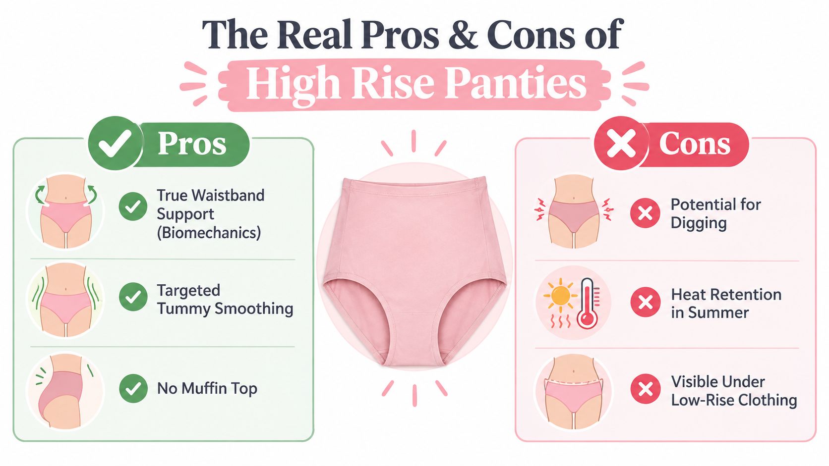 An infographic titled The Real Pros and Cons of High Rise Panties with bulleted points.