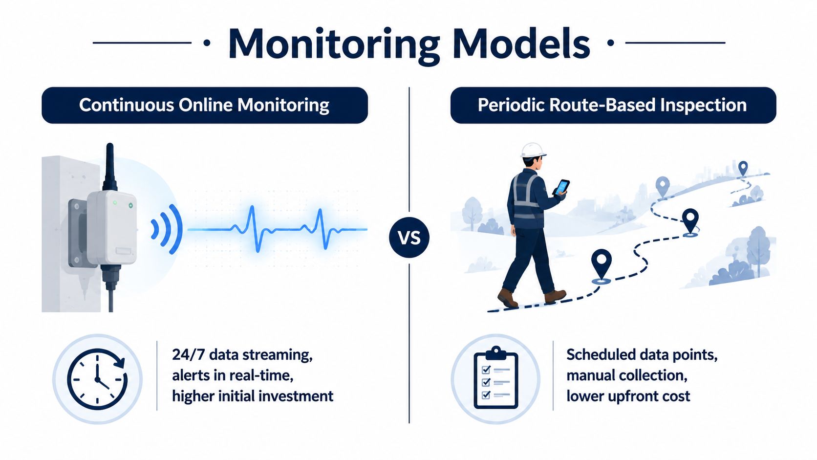 A comparison graphic showing continuous online monitoring systems versus periodic route-based equipment inspection techniques for industrial maintenance.