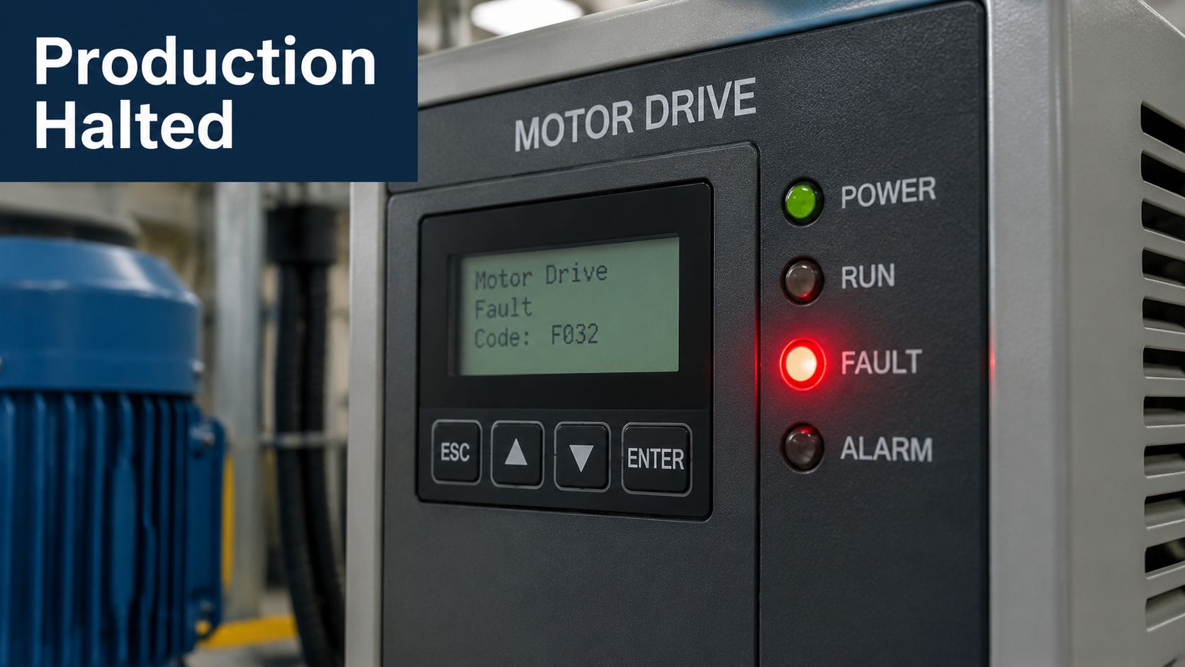 A close-up view of an industrial motor drive panel displaying a fault error code of F032.