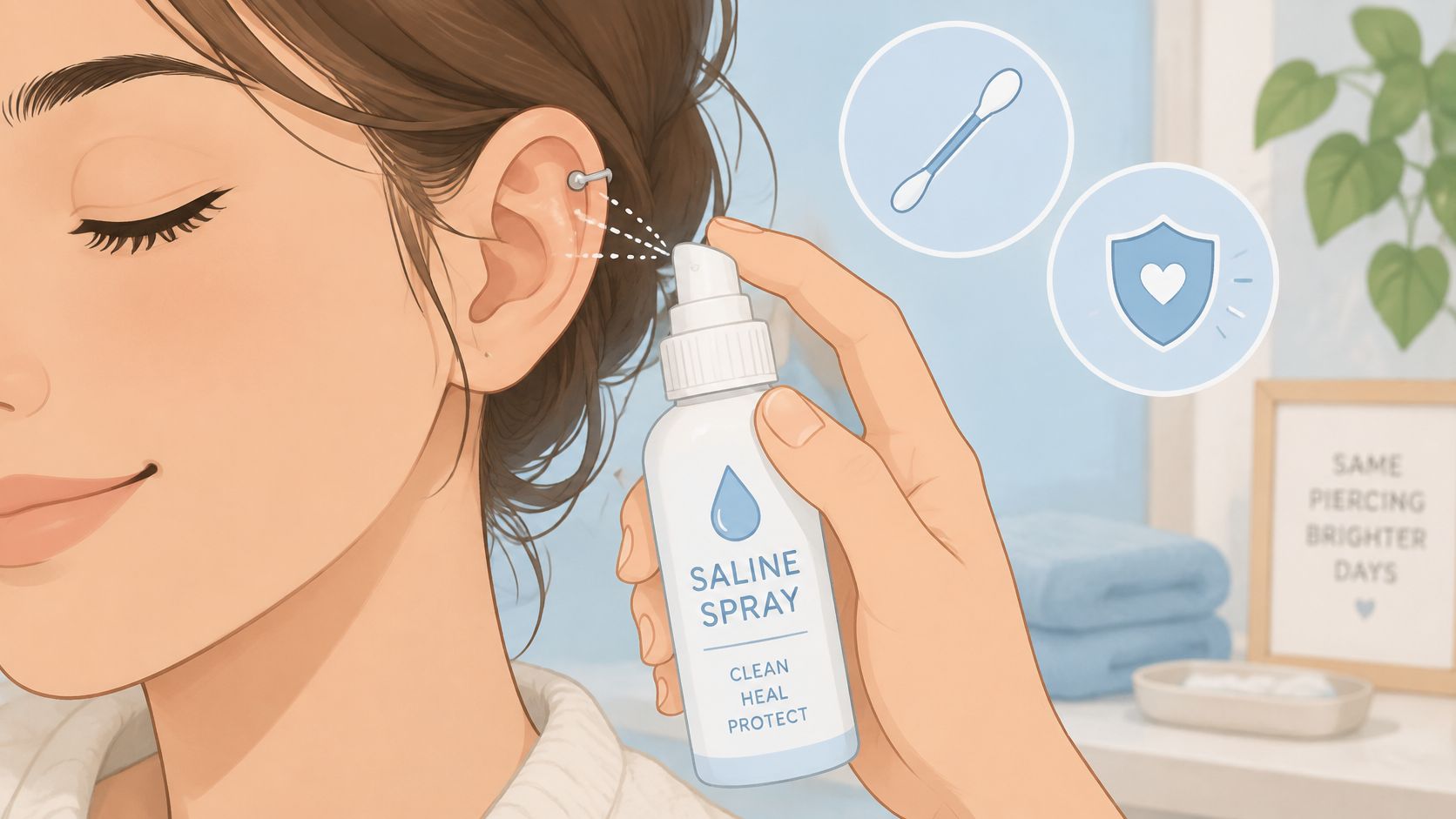 A woman using a saline spray to clean her fresh helix ear piercing for proper healing and care.
