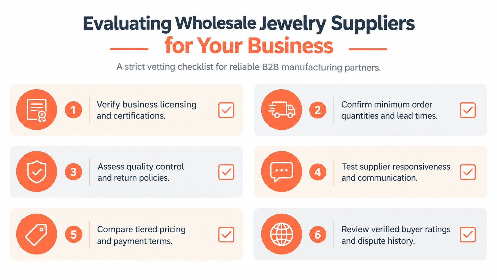 A checklist infographic titled Evaluating Wholesale Jewelry Suppliers for Your Business, outlining six key vetting steps.