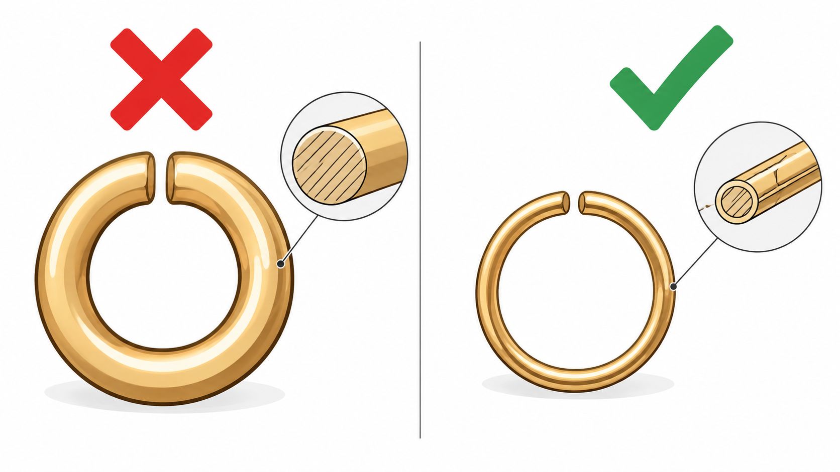 A diagram comparing a thick solid metal jump ring with a thin hollow metal jump ring.
