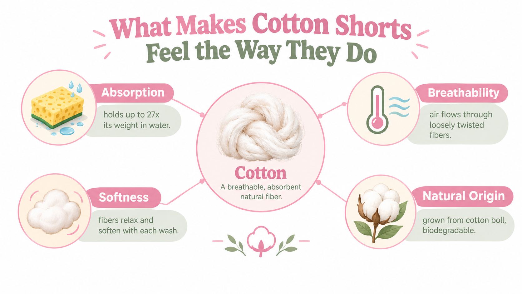 An infographic explaining the benefits of cotton material for shorts including absorption, breathability, softness, and natural origins.
