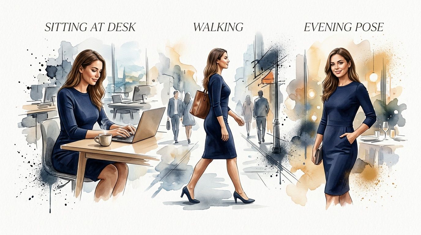 A watercolor style illustration showing a woman wearing a seamless blue dress in three different scenarios.