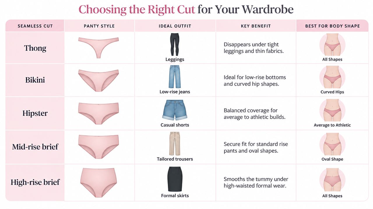 A helpful chart showing different styles of seamless women's underwear, their ideal outfits, benefits, and recommended body shapes.