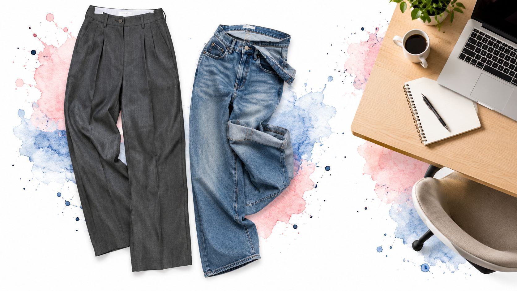 A flat lay image showing gray trousers and blue denim jeans alongside a laptop and a notebook.