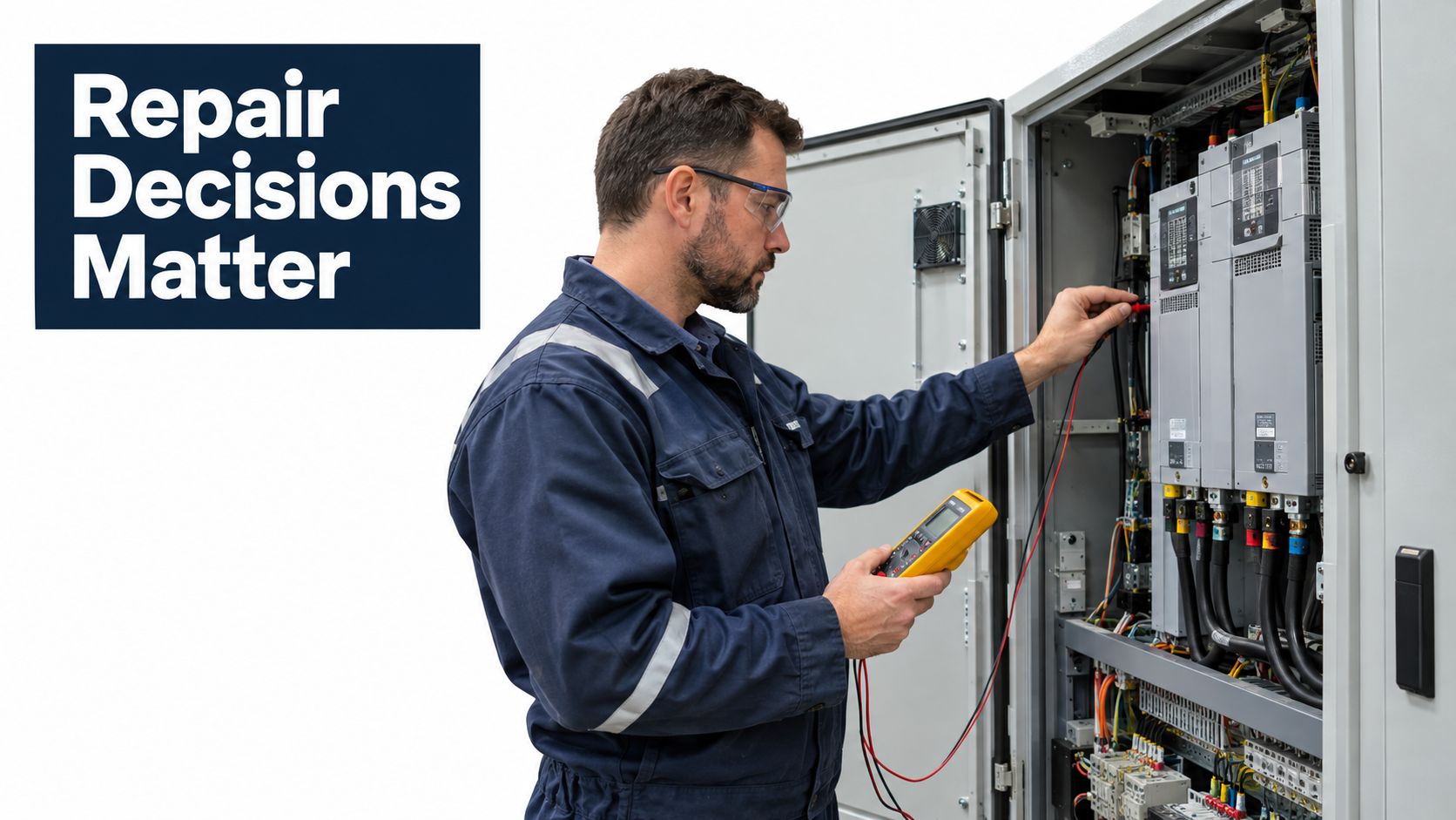 A professional technician wearing safety glasses uses a multimeter to inspect electrical components inside an industrial cabinet.