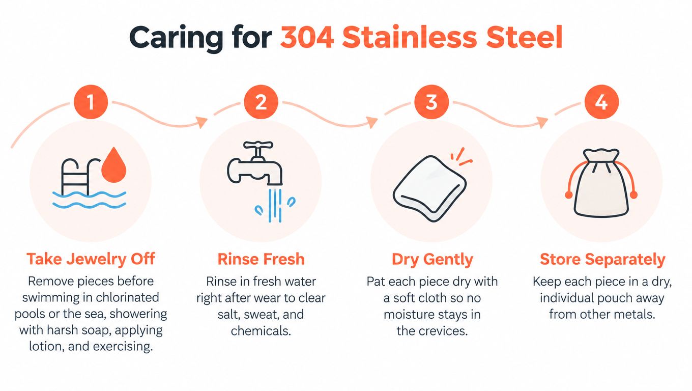 An instructional graphic showing four numbered steps for properly caring for 304 stainless steel jewelry pieces.