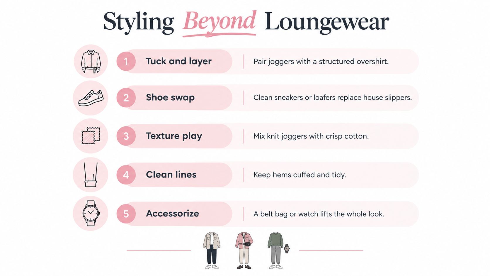 A styling guide infographic titled Styling Beyond Loungewear showing five steps to dress up jogger pants.